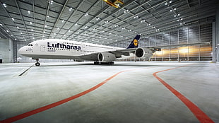 white Lufthansa commercial airplane, airplane, Airbus, A380, Lufthansa