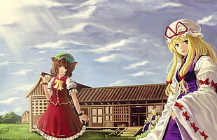 two female character near brown house illustration