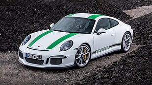 white and green Porsche coupe HD wallpaper