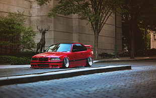 red coupe, car, BMW E36, Stance, tuning