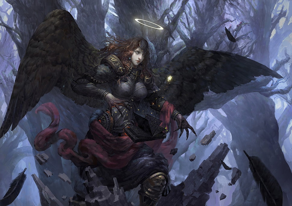 black angel wearing armor digital wallpaper, fantasy art, angel, fallen angel HD wallpaper