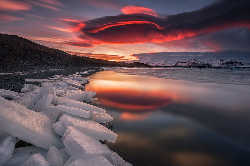 mountain under red sky digital wallpaper, nature, landscape, snow, reflection HD wallpaper