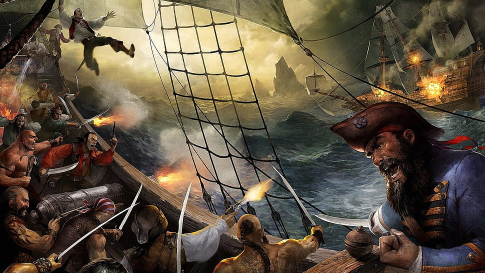 pirates battling on sea painting, pirates, ship, war, artwork HD wallpaper