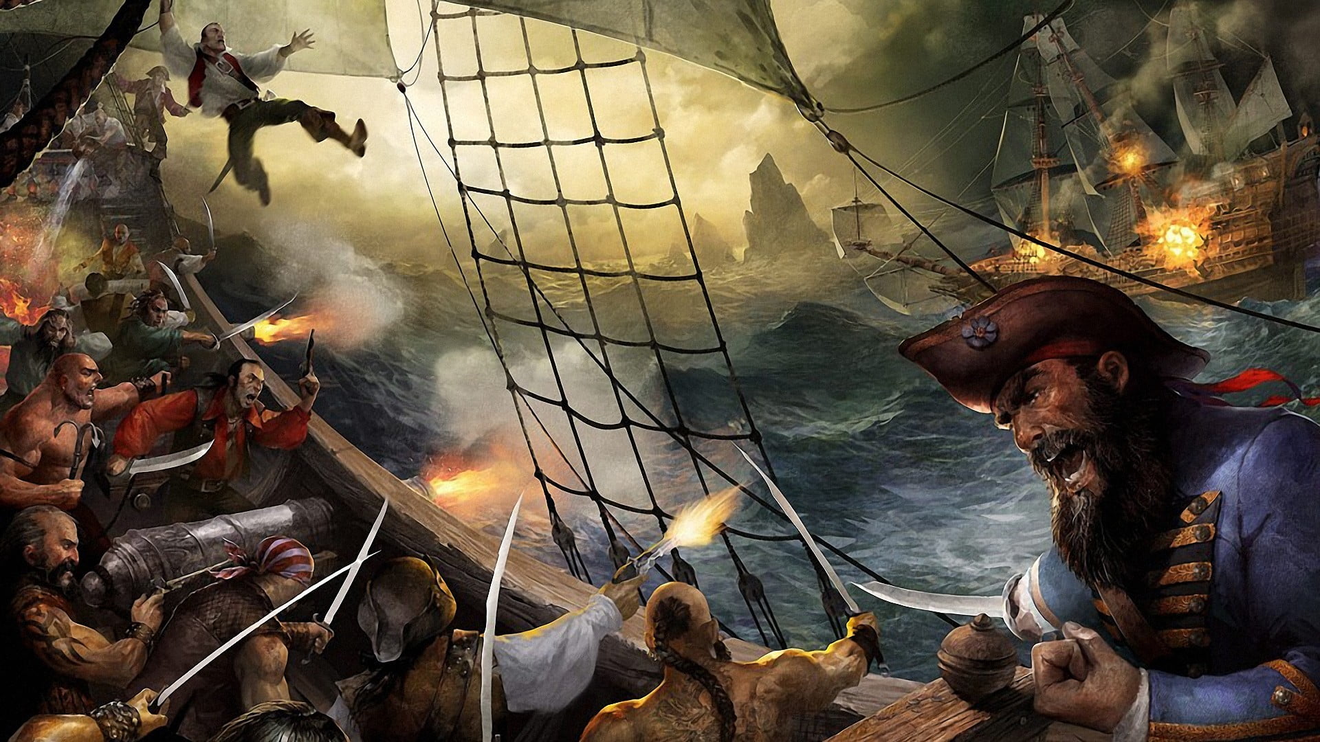 pirates battling on sea painting, pirates, ship, war, artwork