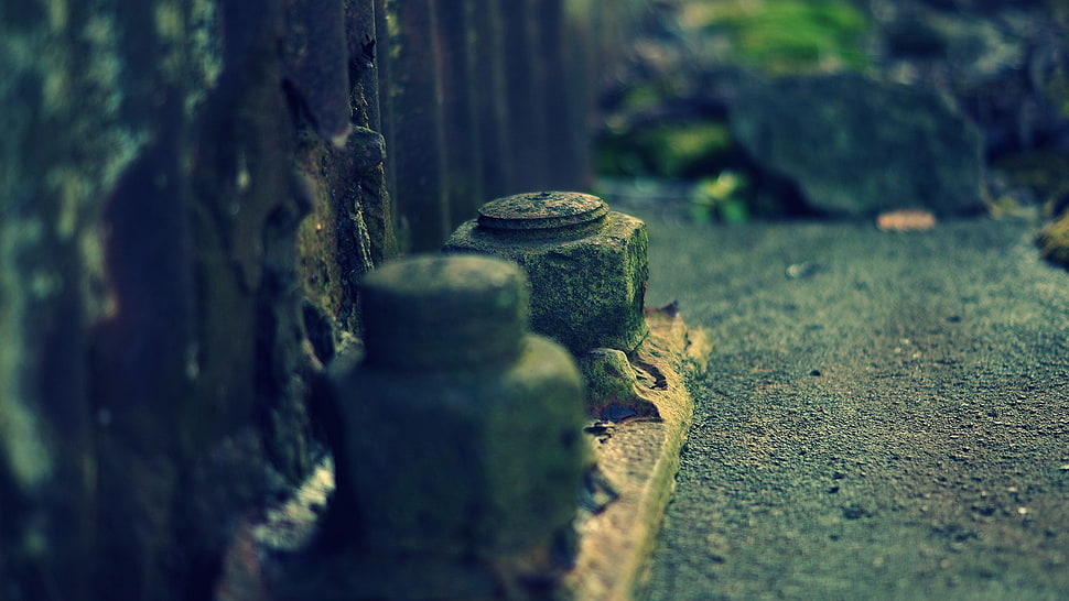 two black bolts, rust, green, metal, macro HD wallpaper