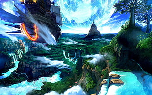 waterfalls near tress illustration, landscape, fantasy art, nature, waterfall