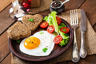 stainless steel fork, food, eggs, tomatoes, bread