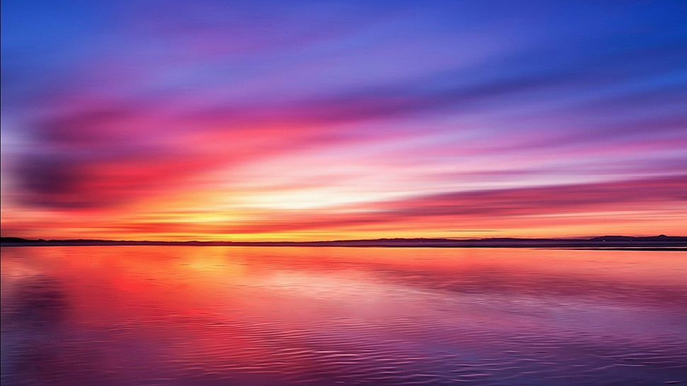 body of water and multicolored sky, sea, clouds, sky HD wallpaper