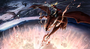 person riding on brown dragon illustration HD wallpaper