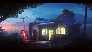 gray wooden house, gas stations, night, anime