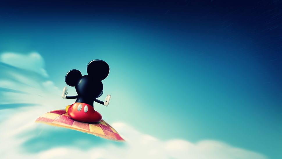 Mickey Mouse riding on red and yellow carpet HD wallpaper
