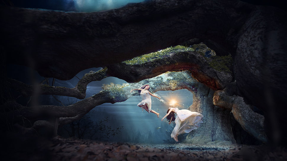 two women dancing surrounded by stones artwork HD wallpaper