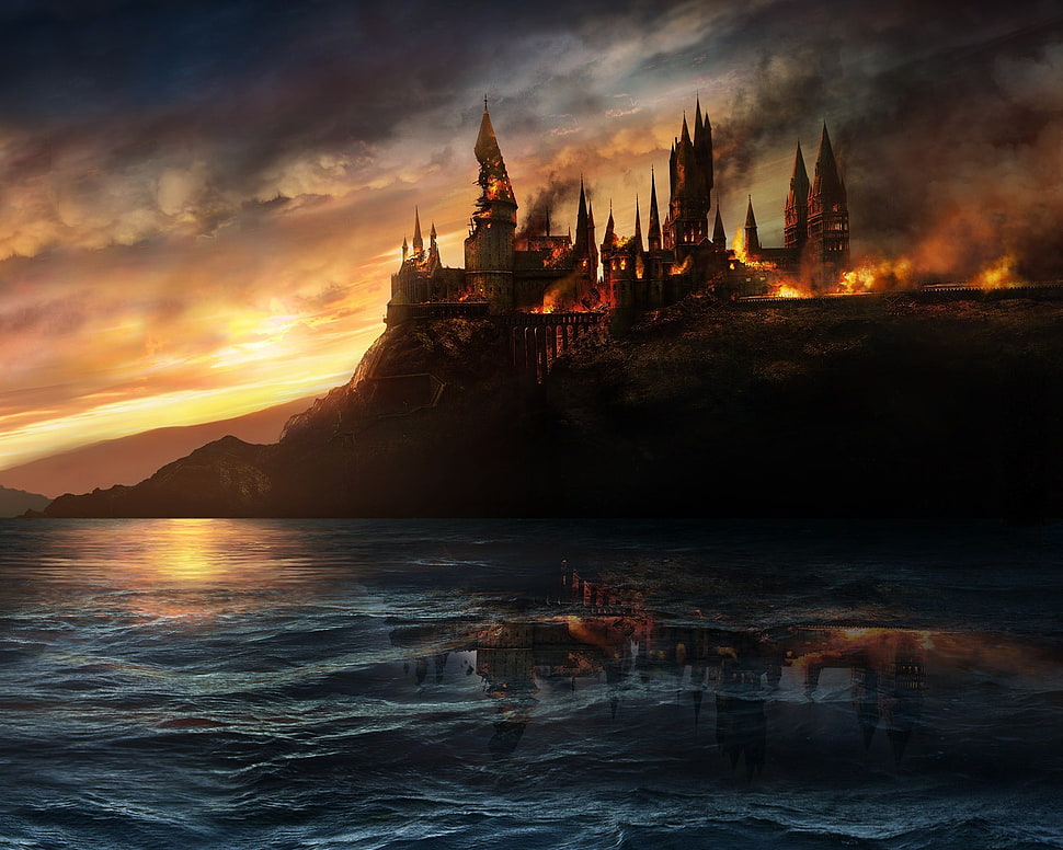 castle near body of water digital wallpaper, Hogwarts, Harry Potter, fire, movies HD wallpaper