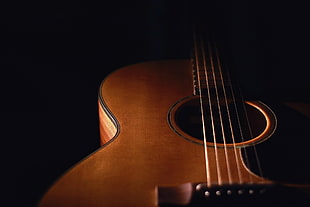 brown wooden acoustic guitar, guitar, musical instrument