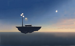 light post, floating island, sky, anime