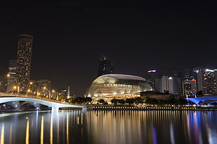 skyline city near bridge during nighttime, singapore HD wallpaper