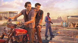 two men riding motorcycles near standing man wallpaper, Uncharted 4: A Thief's End, Nathan Drake, Samuel Drake, video games