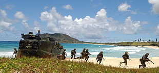 black metal tank, military, beach, soldier, USMC