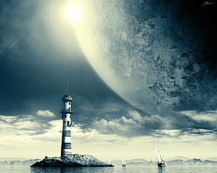 black and white boat on white boat, lighthouse, digital art, sailing ship, planet