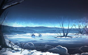 black bare tree illustration, Touhou, landscape, night