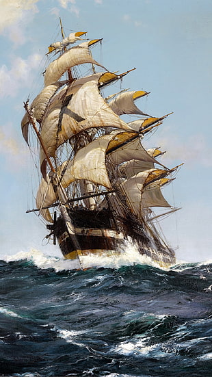 brown and beige sail boat illustration, artwork, classic art, painting, sailing ship