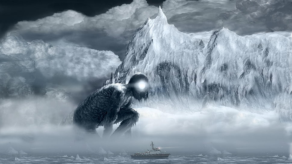 monster wallpaper, digital art, mountains, clouds, ship HD wallpaper
