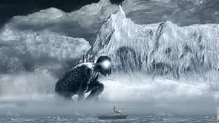 monster wallpaper, digital art, mountains, clouds, ship