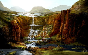 waterfall terraces illustration, fantasy art, waterfall