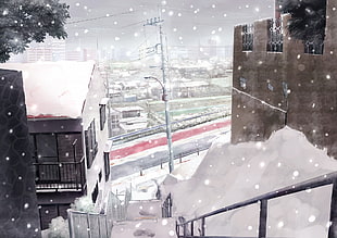 black railings, city, snow, winter, anime