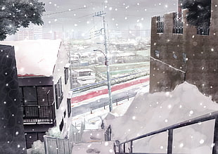 black railings, city, snow, winter, anime HD wallpaper