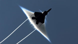 black fighter plane, aircraft, jets, F-22 Raptor, sonic booms
