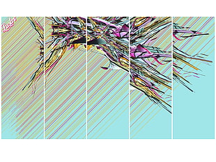 teal, purple, and yellow 5-panel abstract artwork