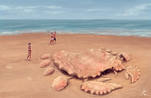 people walking near beige crab painting, creature, beach, crabs, sand HD wallpaper