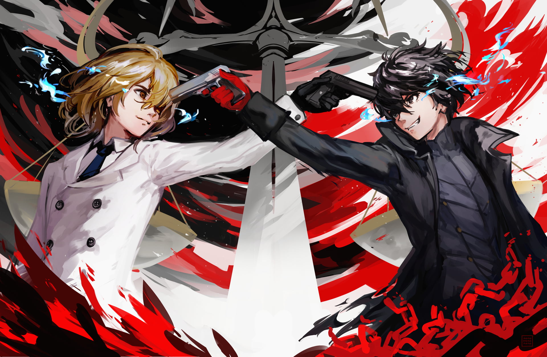 Two Men Holding Pistol Anime Wallpaper Persona 5 Akira Kurusu