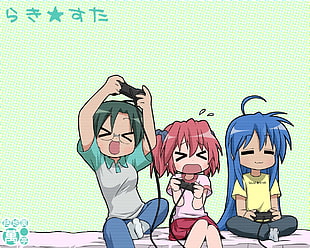 three female anime characters holding gamepads