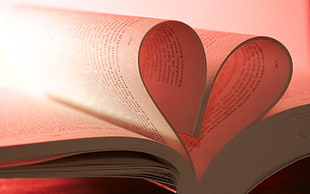 white book page, books, heart, pink background, depth of field HD wallpaper