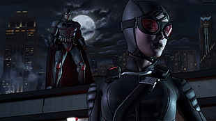 Batman and woman wearing black latex suit illustration