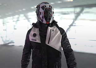 men's white and black jacket, cyberpunk, futuristic