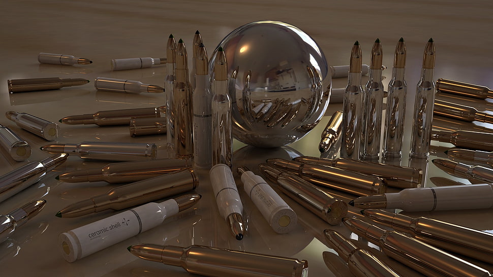 brass-colored bullet shell lot, ammunition, gun, render HD wallpaper