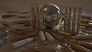 brass-colored bullet shell lot, ammunition, gun, render
