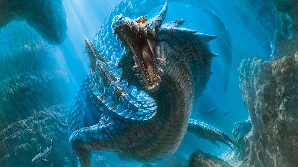 blue dragon wallpaper, dragon, underwater, Monster Hunter HD wallpaper
