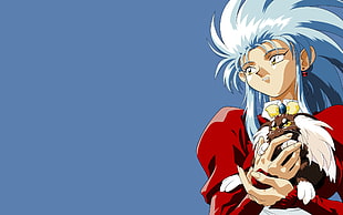 male anime character with white hair and red suit digital wallpaper
