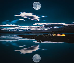 aerial photo of city and moon, landscape, Moon, reflection, clouds