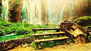brown wooden bench, nature, waterfall, landscape