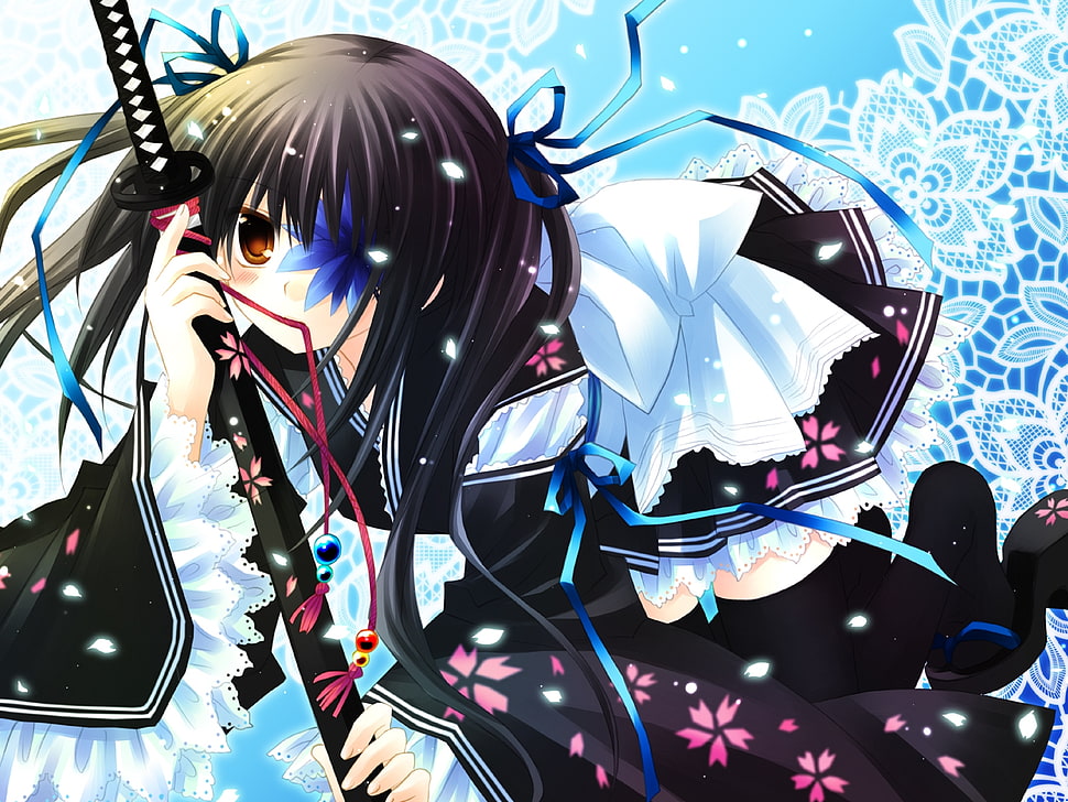 black haired girl anime character holding katana and wearing school uniform digital wallpaper HD wallpaper