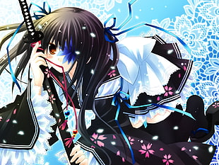 black haired girl anime character holding katana and wearing school uniform digital wallpaper