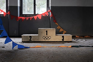 brown wooden stool, abandoned, interior, podiums, Olympics