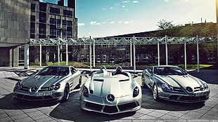 photography of three silver Mercedes-Benz cars