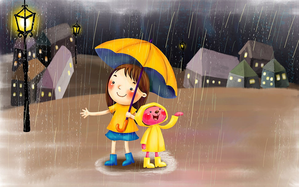 girl holding yellow umbrella beside the bear painting HD wallpaper