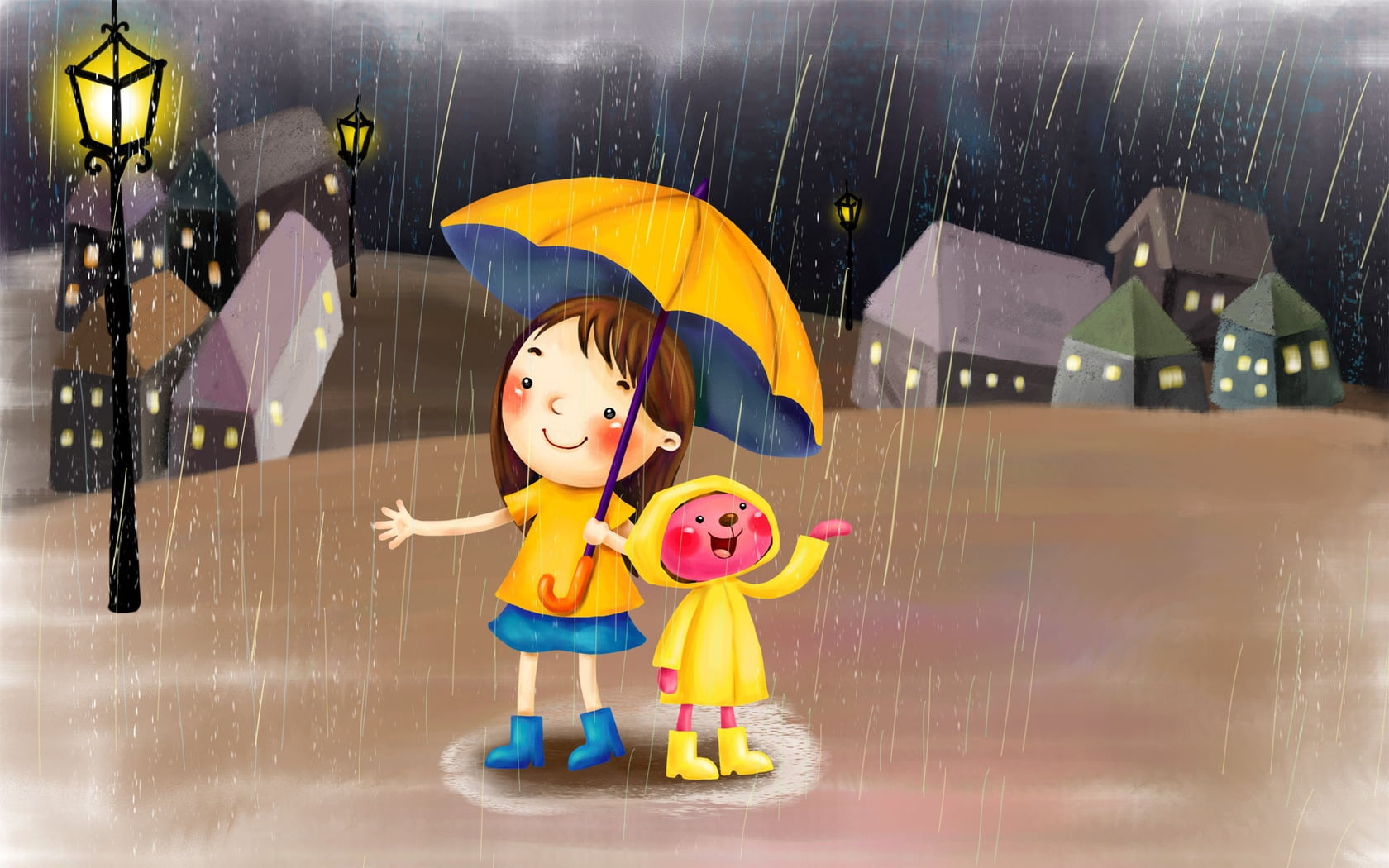 girl holding yellow umbrella beside the bear painting